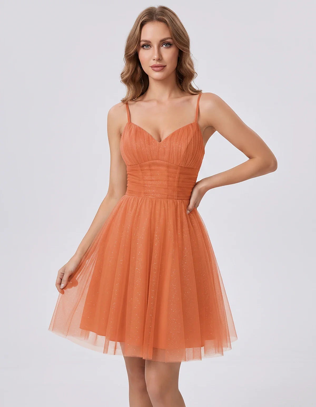 Polyester Tulle Spaghetti Strap V Neck A Line Mini Dress for Party Cocktail Evening Wedding Guest Summer Events Elegant Spark | SKU: MD-482915736102583-ORANGE-L,MD-482915736102583-ORANGE-M,MD-482915736102583-ORANGE-S,MD-482915736102583-ORANGE-XL,MD-482915736102583-ORANGE-XS