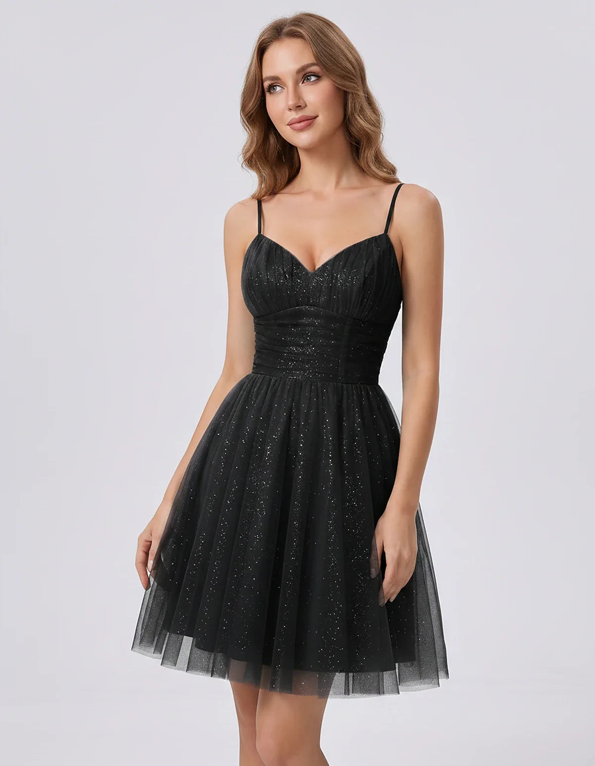 Polyester Tulle Spaghetti Strap V Neck A Line Mini Dress for Party Cocktail Evening Wedding Guest Summer Events Elegant Spark | SKU: MD-482915736102583-BLACK-L,MD-482915736102583-BLACK-M,MD-482915736102583-BLACK-S,MD-482915736102583-BLACK-XL,MD-482915736102583-BLACK-XS