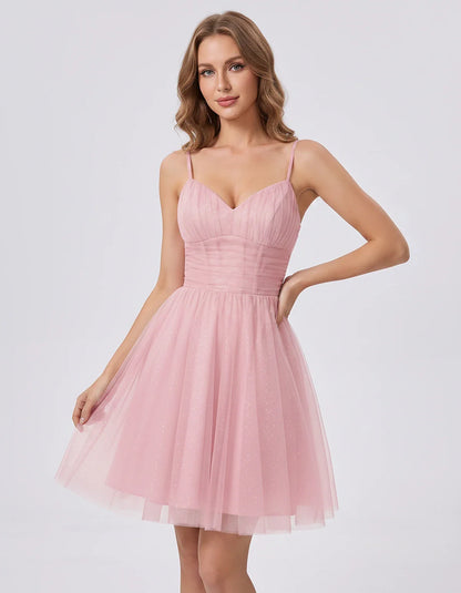 Polyester Tulle Spaghetti Strap V Neck A Line Mini Dress for Party Cocktail Evening Wedding Guest Summer Events Elegant Spark | SKU: MD-482915736102583-PINK-L,MD-482915736102583-PINK-M,MD-482915736102583-PINK-S,MD-482915736102583-PINK-XL,MD-482915736102583-PINK-XS