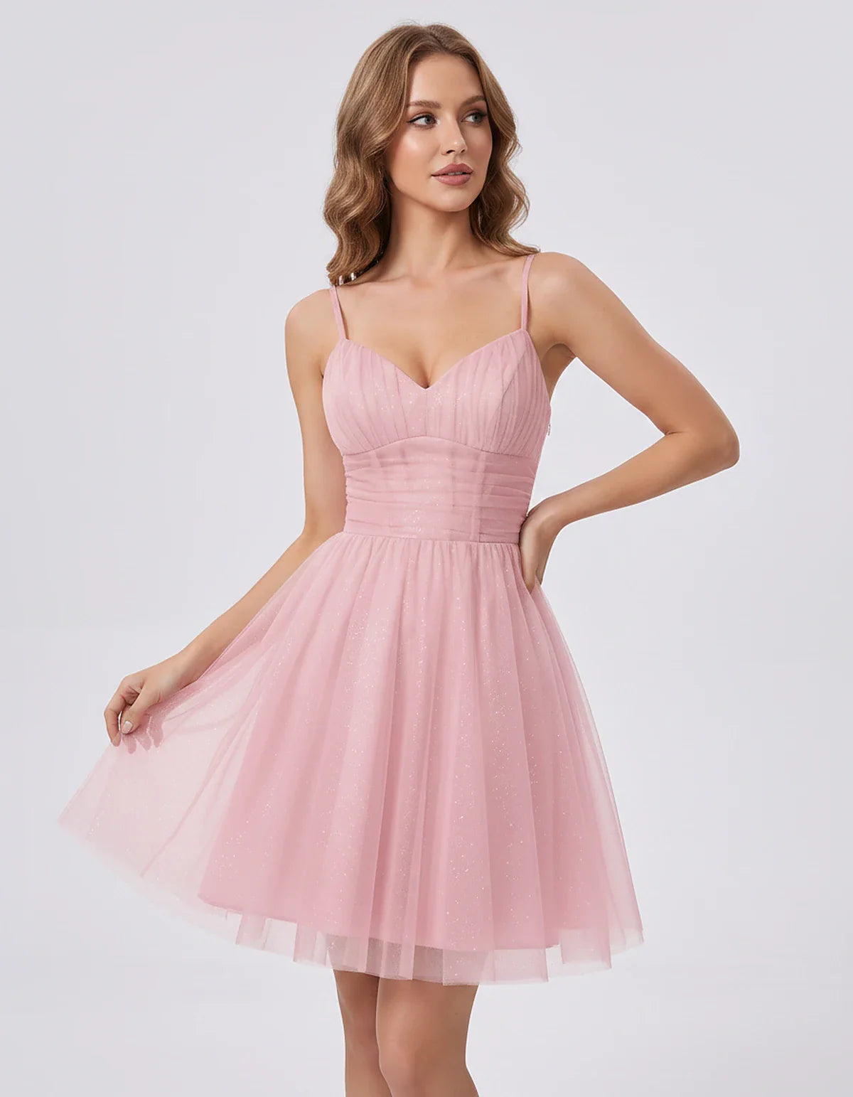 Polyester Tulle Spaghetti Strap V Neck A Line Mini Dress for Party Cocktail Evening Wedding Guest Summer Events Elegant Spark | SKU: MD-482915736102583-PINK-L,MD-482915736102583-PINK-M,MD-482915736102583-PINK-S,MD-482915736102583-PINK-XL,MD-482915736102583-PINK-XS