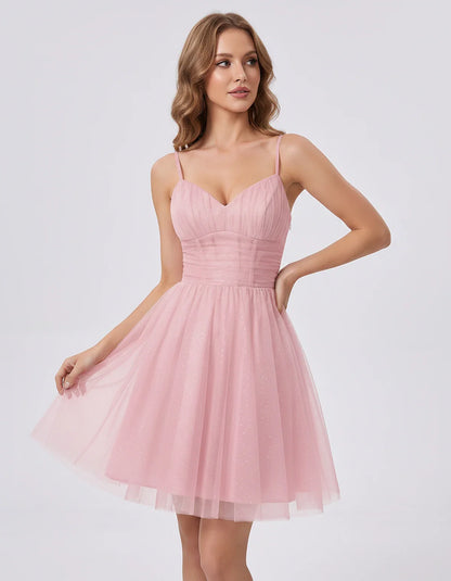 Polyester Tulle Spaghetti Strap V Neck A Line Mini Dress for Party Cocktail Evening Wedding Guest Summer Events Elegant Spark | SKU: MD-482915736102583-PINK-L,MD-482915736102583-PINK-M,MD-482915736102583-PINK-S,MD-482915736102583-PINK-XL,MD-482915736102583-PINK-XS