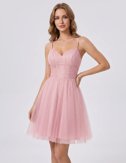 Polyester Tulle Spaghetti Strap V Neck A Line Mini Dress for Party Cocktail Evening Wedding Guest Summer Events Elegant Spark | SKU: MD-482915736102583-PINK-L,MD-482915736102583-PINK-M,MD-482915736102583-PINK-S,MD-482915736102583-PINK-XL,MD-482915736102583-PINK-XS