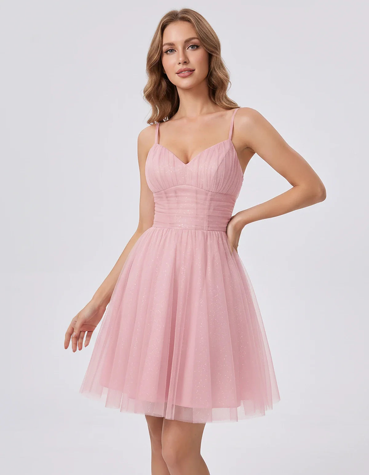 Polyester Tulle Spaghetti Strap V Neck A Line Mini Dress for Party Cocktail Evening Wedding Guest Summer Events Elegant Spark | SKU: MD-482915736102583-PINK-L,MD-482915736102583-PINK-M,MD-482915736102583-PINK-S,MD-482915736102583-PINK-XL,MD-482915736102583-PINK-XS