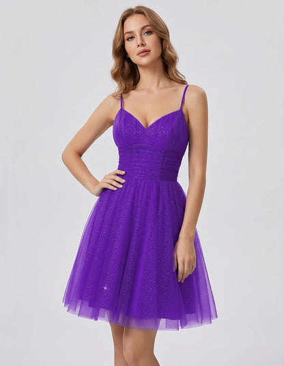 Polyester Tulle Spaghetti Strap V Neck A Line Mini Dress for Party Cocktail Evening Wedding Guest Summer Events Elegant Spark | SKU: MD-482915736102583-PURPLE-L,MD-482915736102583-PURPLE-M,MD-482915736102583-PURPLE-S,MD-482915736102583-PURPLE-XL,MD-482915736102583-PURPLE-XS