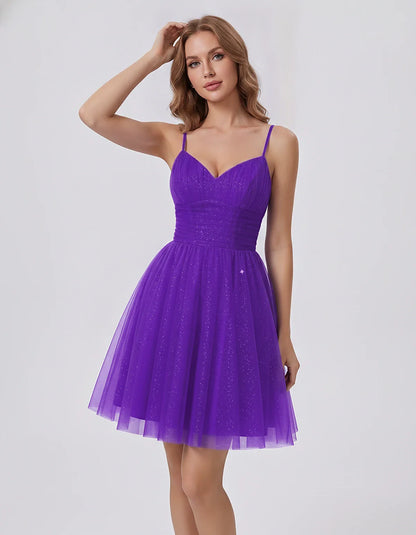 Polyester Tulle Spaghetti Strap V Neck A Line Mini Dress for Party Cocktail Evening Wedding Guest Summer Events Elegant Spark | SKU: MD-482915736102583-PURPLE-L,MD-482915736102583-PURPLE-M,MD-482915736102583-PURPLE-S,MD-482915736102583-PURPLE-XL,MD-482915736102583-PURPLE-XS
