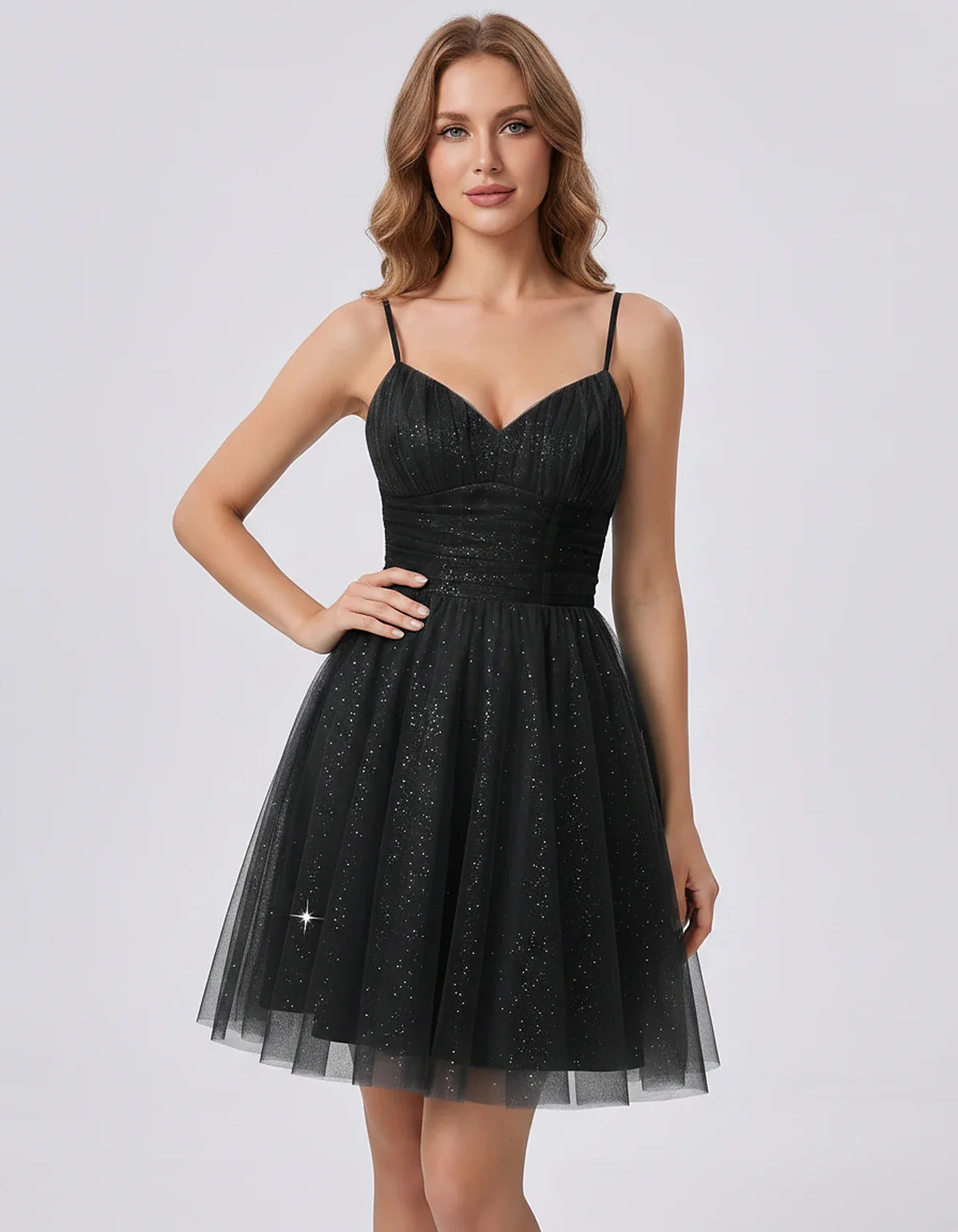 Polyester Tulle Spaghetti Strap V Neck A Line Mini Dress for Party Cocktail Evening Wedding Guest Summer Events Elegant Spark | SKU: MD-482915736102583-BLACK-L,MD-482915736102583-BLACK-M,MD-482915736102583-BLACK-S,MD-482915736102583-BLACK-XL,MD-482915736102583-BLACK-XS