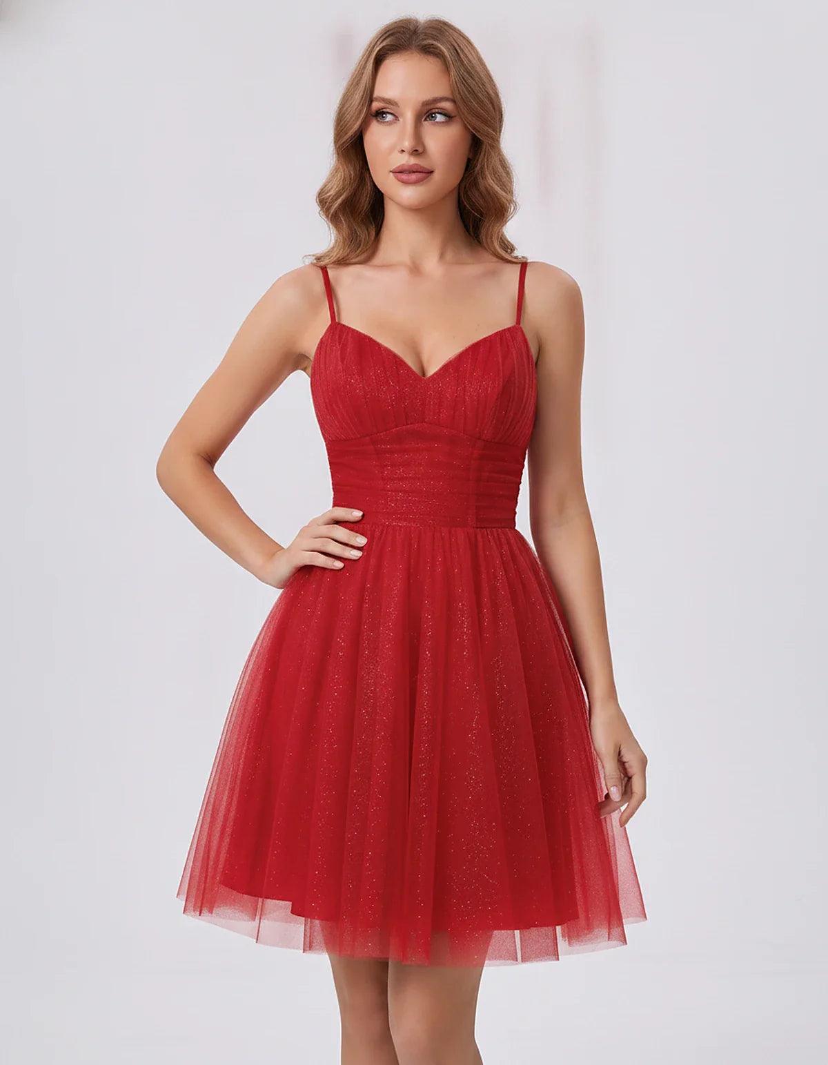 Polyester Tulle Spaghetti Strap V Neck A Line Mini Dress for Party Cocktail Evening Wedding Guest Summer Events Elegant Spark | SKU: MD-482915736102583-RED-L,MD-482915736102583-RED-M,MD-482915736102583-RED-S,MD-482915736102583-RED-XL,MD-482915736102583-RED-XS