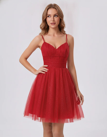 Polyester Tulle Spaghetti Strap V Neck A Line Mini Dress for Party Cocktail Evening Wedding Guest Summer Events Elegant Spark | SKU: MD-482915736102583-RED-L,MD-482915736102583-RED-M,MD-482915736102583-RED-S,MD-482915736102583-RED-XL,MD-482915736102583-RED-XS