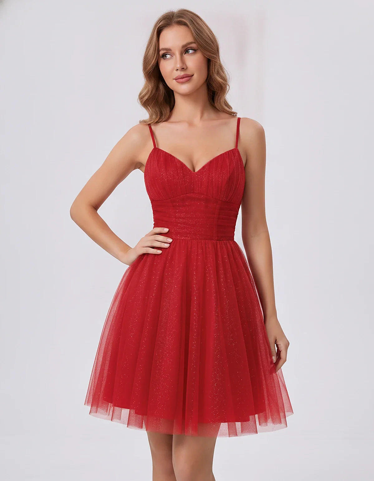Polyester Tulle Spaghetti Strap V Neck A Line Mini Dress for Party Cocktail Evening Wedding Guest Summer Events Elegant Spark | SKU: MD-482915736102583-RED-L,MD-482915736102583-RED-M,MD-482915736102583-RED-S,MD-482915736102583-RED-XL,MD-482915736102583-RED-XS