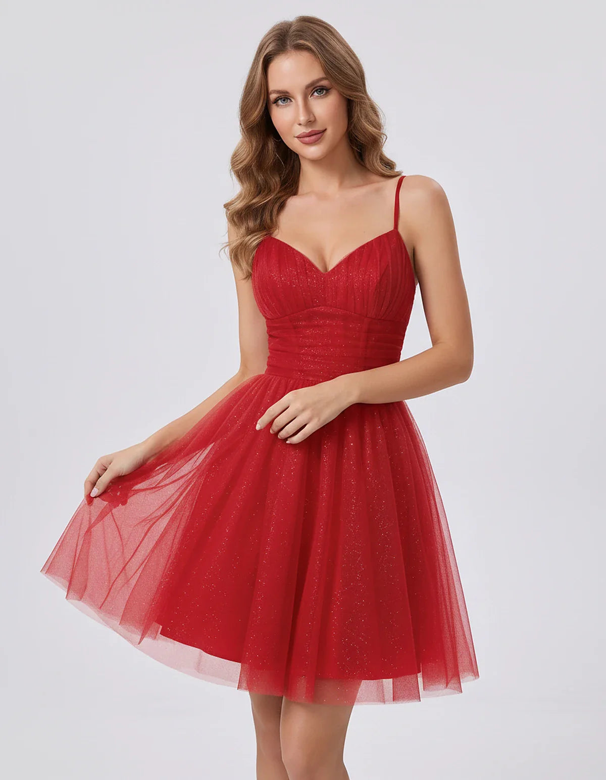 Polyester Tulle Spaghetti Strap V Neck A Line Mini Dress for Party Cocktail Evening Wedding Guest Summer Events Elegant Spark | SKU: MD-482915736102583-RED-L,MD-482915736102583-RED-M,MD-482915736102583-RED-S,MD-482915736102583-RED-XL,MD-482915736102583-RED-XS