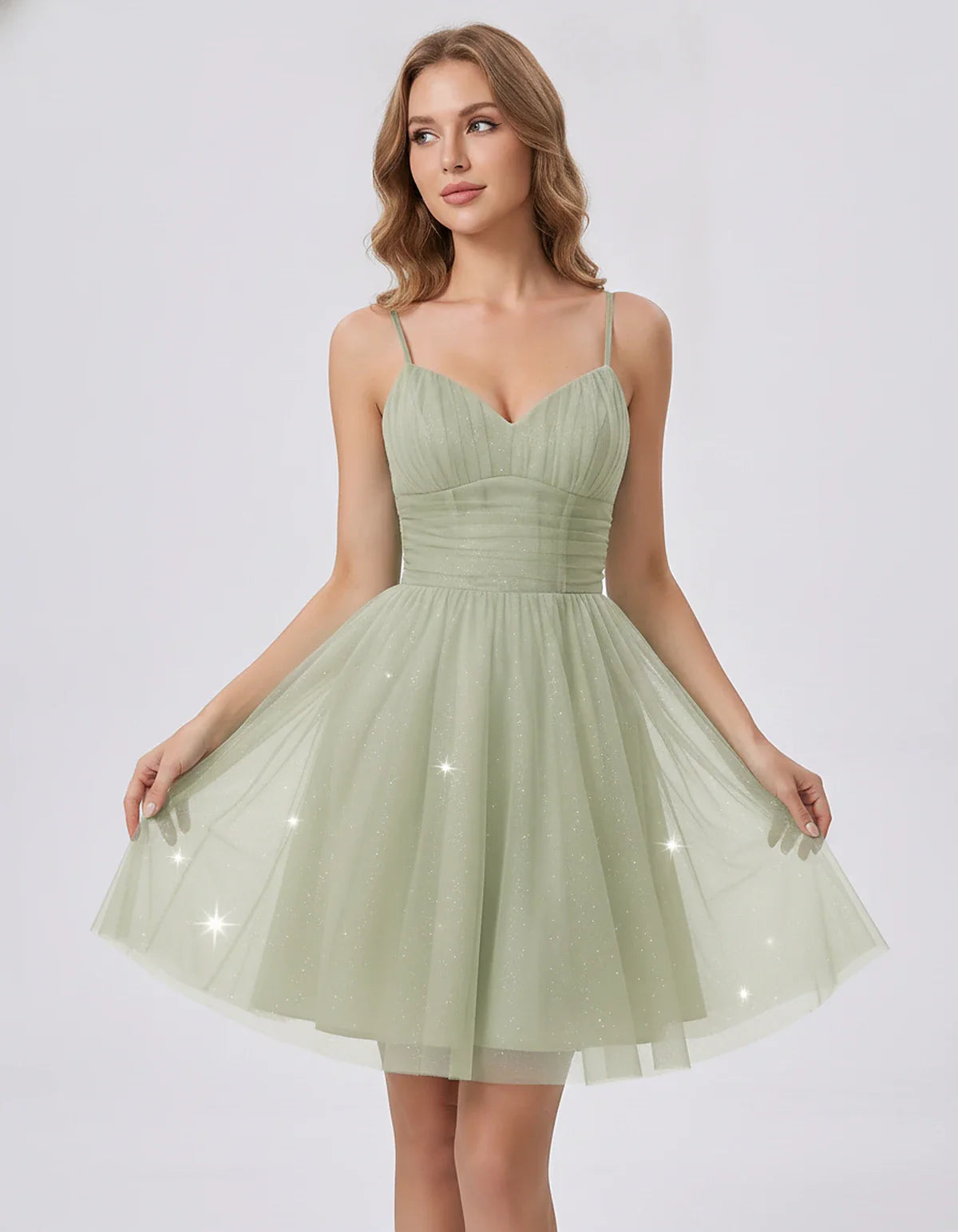 Polyester Tulle Spaghetti Strap V Neck A Line Mini Dress for Party Cocktail Evening Wedding Guest Summer Events Elegant Spark | SKU: MD-482915736102583-SILVER-L,MD-482915736102583-SILVER-M,MD-482915736102583-SILVER-S,MD-482915736102583-SILVER-XL,MD-482915736102583-SILVER-XS