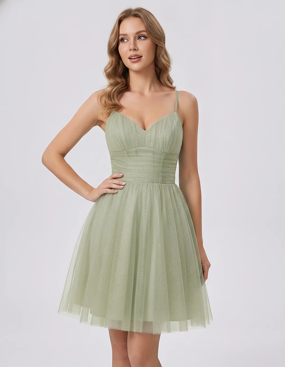 Polyester Tulle Spaghetti Strap V Neck A Line Mini Dress for Party Cocktail Evening Wedding Guest Summer Events Elegant Spark | SKU: MD-482915736102583-SILVER-L,MD-482915736102583-SILVER-M,MD-482915736102583-SILVER-S,MD-482915736102583-SILVER-XL,MD-482915736102583-SILVER-XS