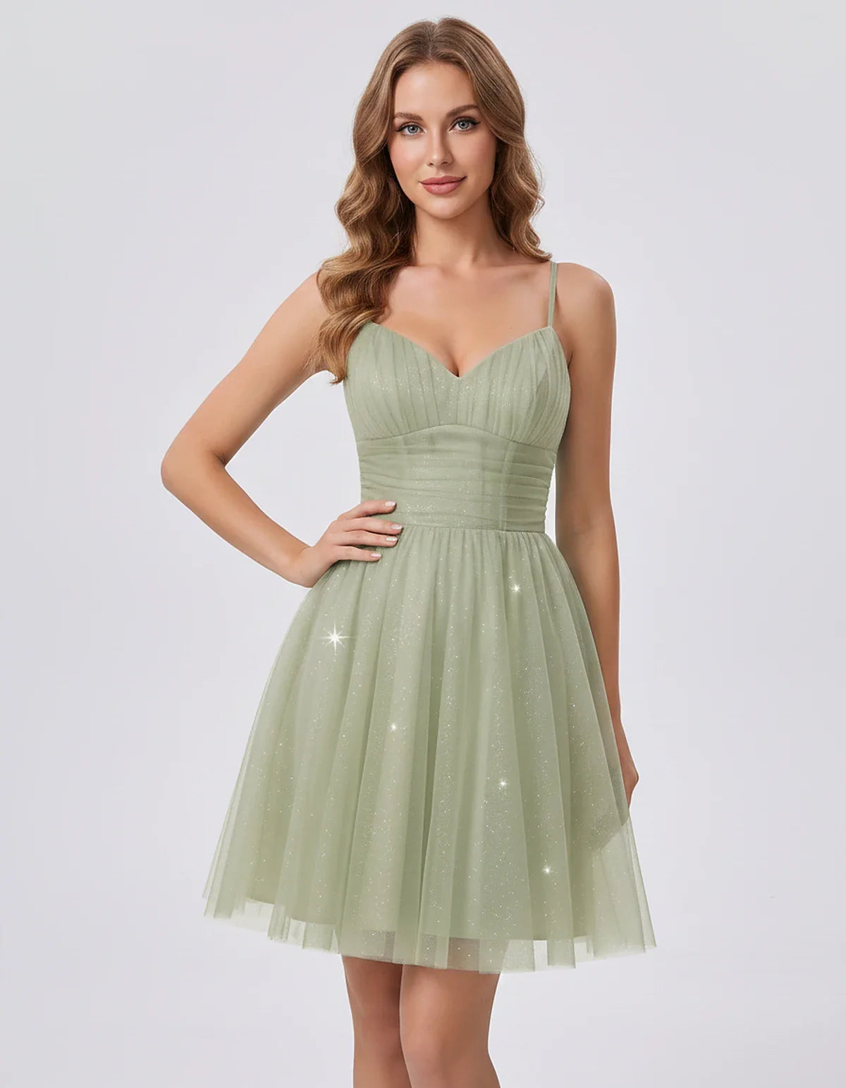 Polyester Tulle Spaghetti Strap V Neck A Line Mini Dress for Party Cocktail Evening Wedding Guest Summer Events Elegant Spark | SKU: MD-482915736102583-SILVER-L,MD-482915736102583-SILVER-M,MD-482915736102583-SILVER-S,MD-482915736102583-SILVER-XL,MD-482915736102583-SILVER-XS