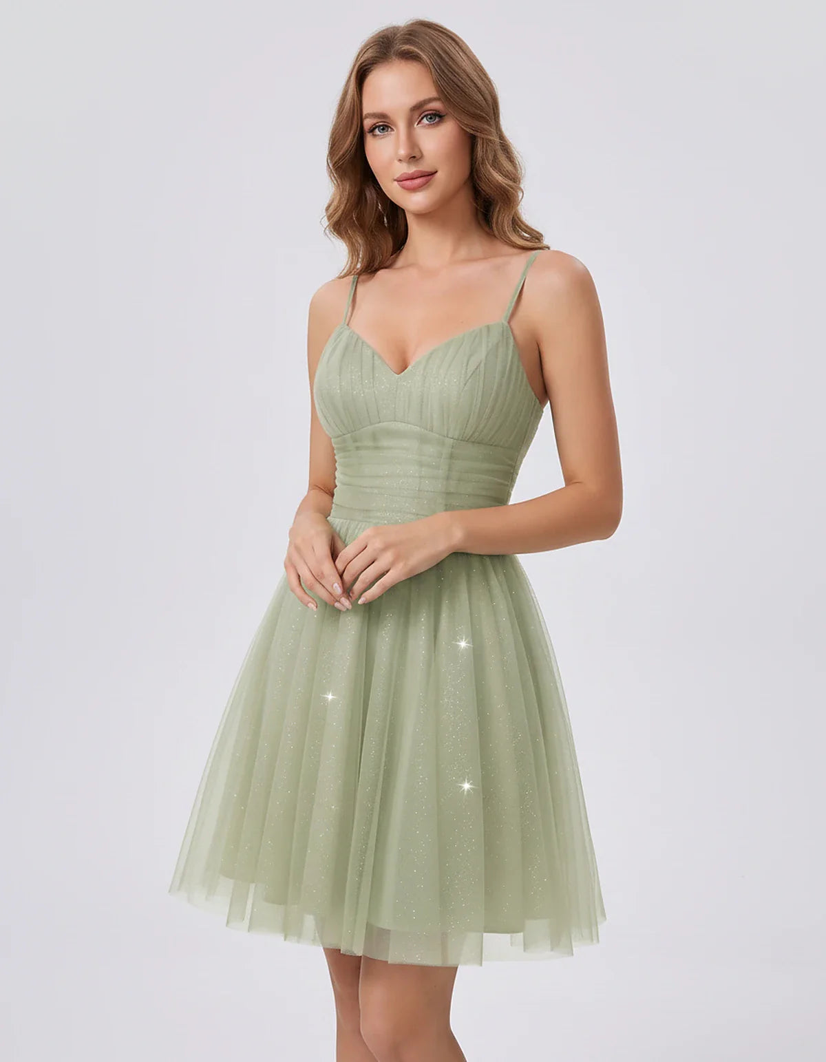 Polyester Tulle Spaghetti Strap V Neck A Line Mini Dress for Party Cocktail Evening Wedding Guest Summer Events Elegant Spark | SKU: MD-482915736102583-SILVER-L,MD-482915736102583-SILVER-M,MD-482915736102583-SILVER-S,MD-482915736102583-SILVER-XL,MD-482915736102583-SILVER-XS