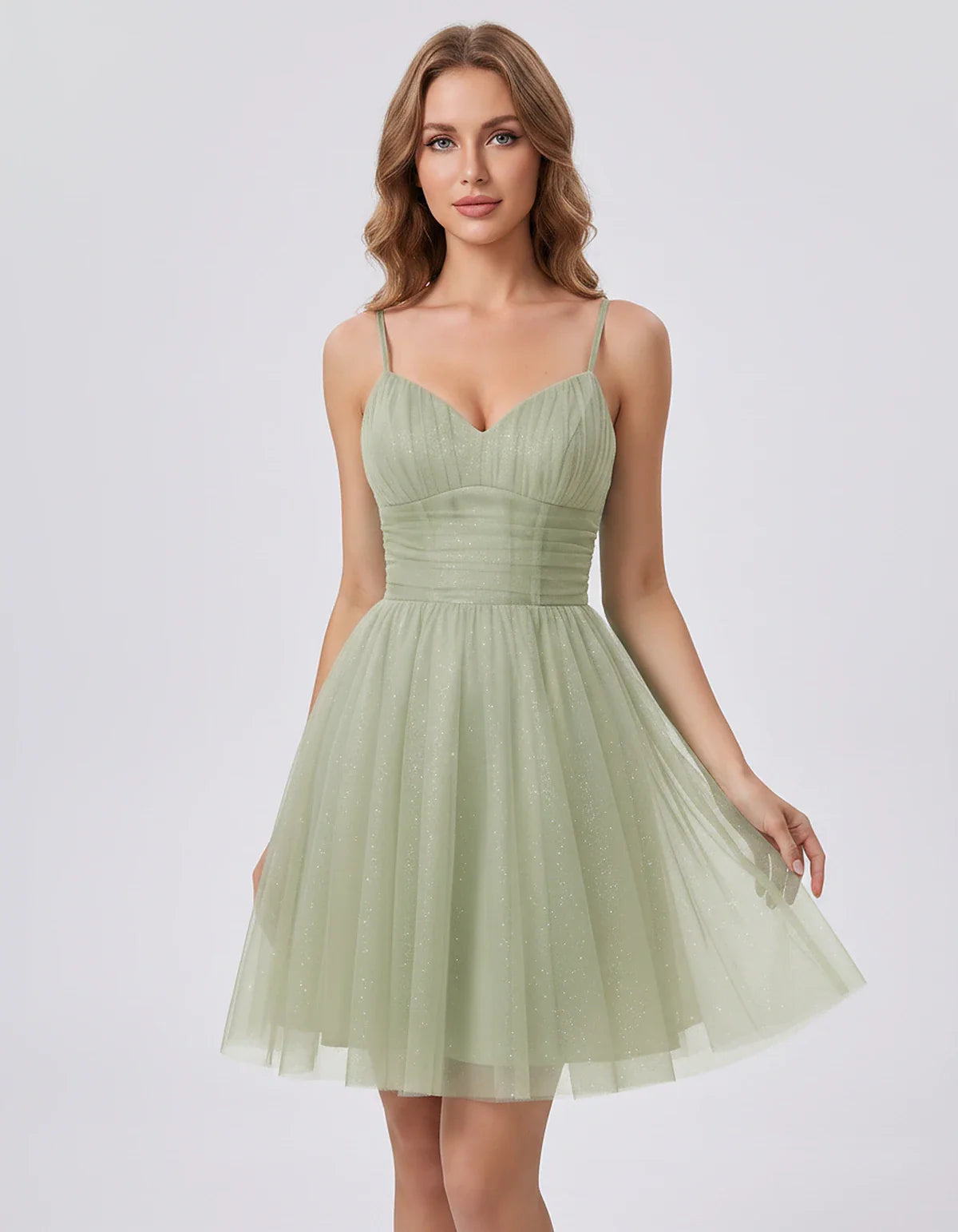 Polyester Tulle Spaghetti Strap V Neck A Line Mini Dress for Party Cocktail Evening Wedding Guest Summer Events Elegant Spark | SKU: MD-482915736102583-SILVER-L,MD-482915736102583-SILVER-M,MD-482915736102583-SILVER-S,MD-482915736102583-SILVER-XL,MD-482915736102583-SILVER-XS