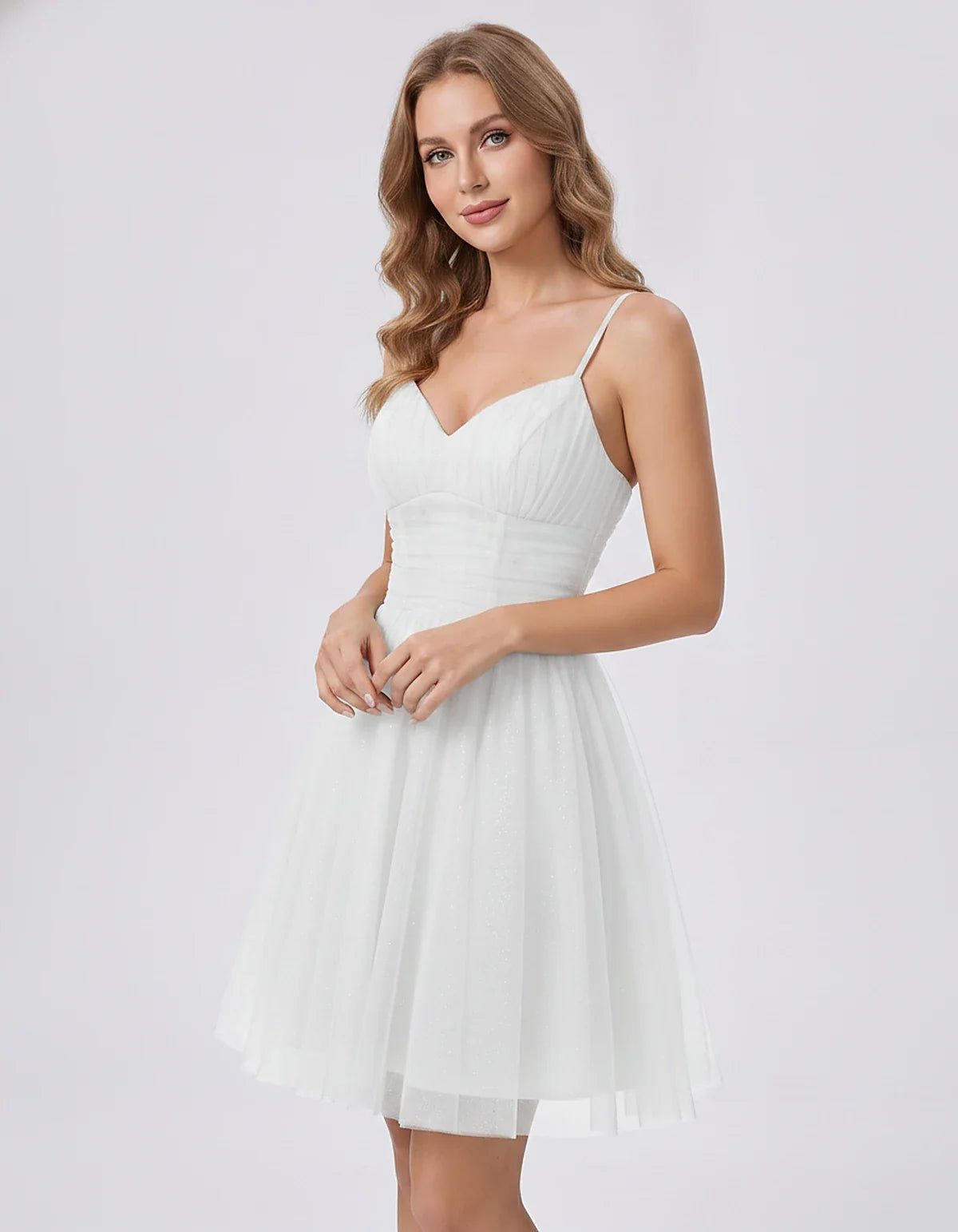 Polyester Tulle Spaghetti Strap V Neck A Line Mini Dress for Party Cocktail Evening Wedding Guest Summer Events Elegant Spark | SKU: MD-482915736102583-WHITE-L,MD-482915736102583-WHITE-M,MD-482915736102583-WHITE-S,MD-482915736102583-WHITE-XL,MD-482915736102583-WHITE-XS
