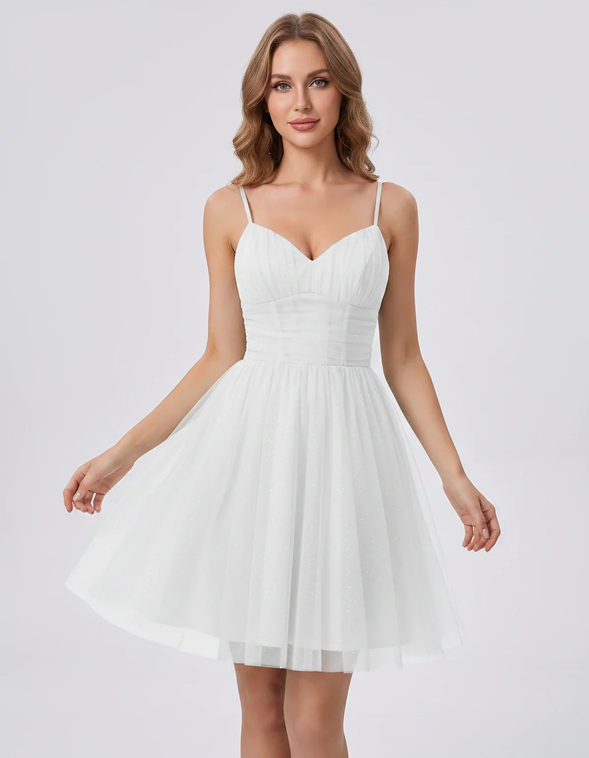 Polyester Tulle Spaghetti Strap V Neck A Line Mini Dress for Party Cocktail Evening Wedding Guest Summer Events Elegant Spark | SKU: MD-482915736102583-WHITE-L,MD-482915736102583-WHITE-M,MD-482915736102583-WHITE-S,MD-482915736102583-WHITE-XL,MD-482915736102583-WHITE-XS
