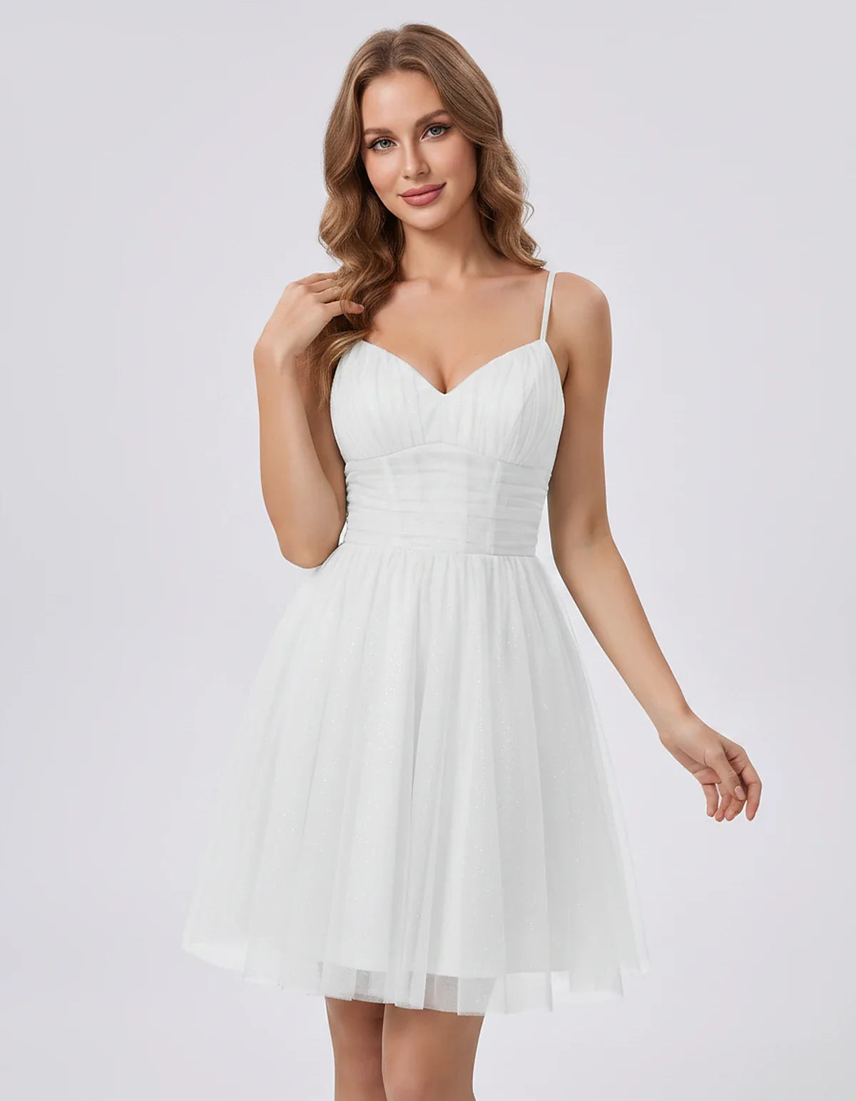 Polyester Tulle Spaghetti Strap V Neck A Line Mini Dress for Party Cocktail Evening Wedding Guest Summer Events Elegant Spark | SKU: MD-482915736102583-WHITE-L,MD-482915736102583-WHITE-M,MD-482915736102583-WHITE-S,MD-482915736102583-WHITE-XL,MD-482915736102583-WHITE-XS
