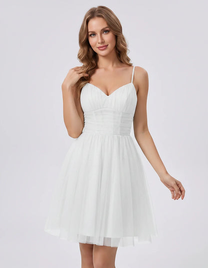 Polyester Tulle Spaghetti Strap V Neck A Line Mini Dress for Party Cocktail Evening Wedding Guest Summer Events Elegant Spark | SKU: MD-482915736102583-WHITE-L,MD-482915736102583-WHITE-M,MD-482915736102583-WHITE-S,MD-482915736102583-WHITE-XL,MD-482915736102583-WHITE-XS