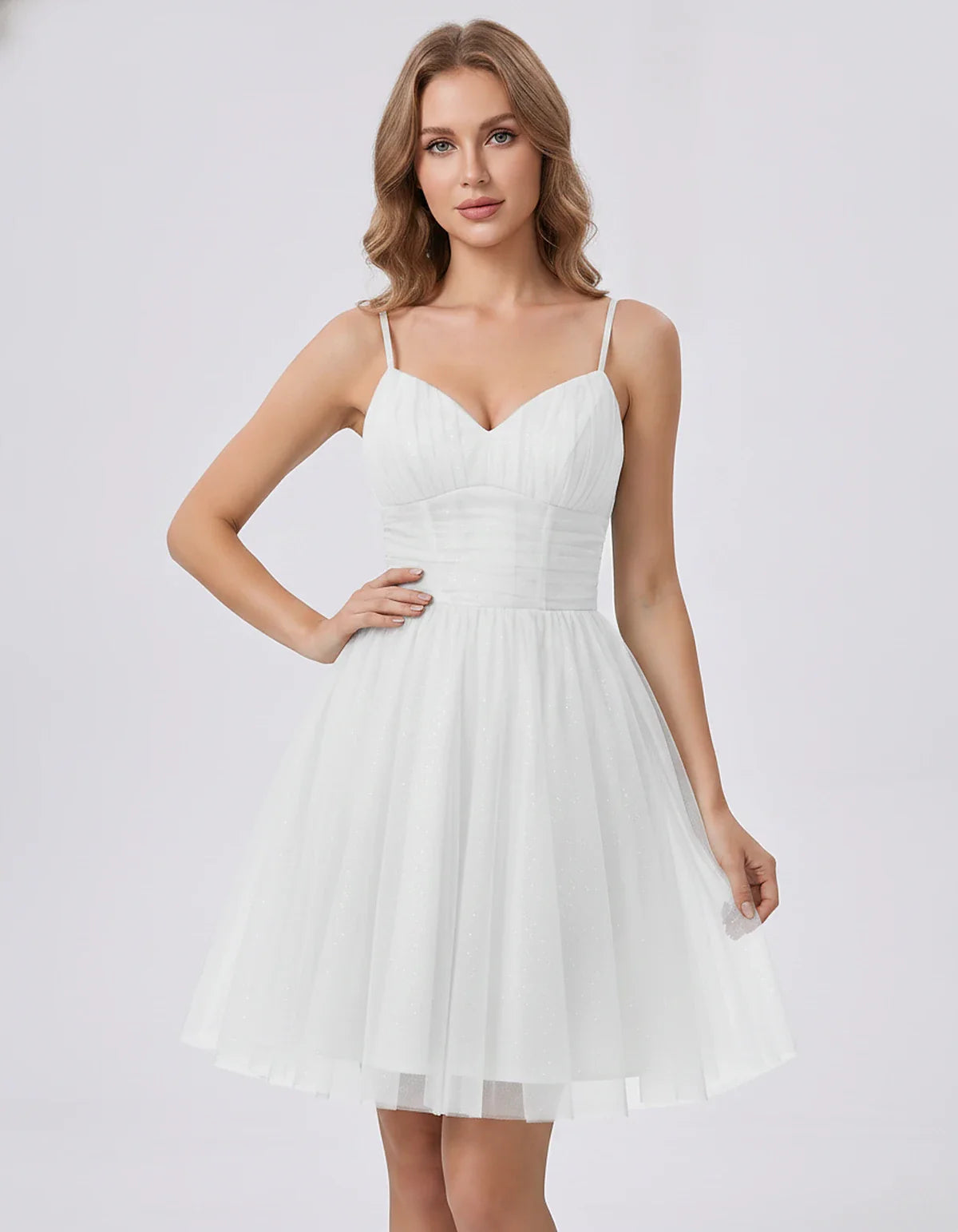 Polyester Tulle Spaghetti Strap V Neck A Line Mini Dress for Party Cocktail Evening Wedding Guest Summer Events Elegant Spark | SKU: MD-482915736102583-WHITE-L,MD-482915736102583-WHITE-M,MD-482915736102583-WHITE-S,MD-482915736102583-WHITE-XL,MD-482915736102583-WHITE-XS