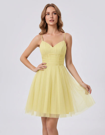 Polyester Tulle Spaghetti Strap V Neck A Line Mini Dress for Party Cocktail Evening Wedding Guest Summer Events Elegant Spark | SKU: MD-482915736102583-YELLOW-L,MD-482915736102583-YELLOW-M,MD-482915736102583-YELLOW-S,MD-482915736102583-YELLOW-XL,MD-482915736102583-YELLOW-XS