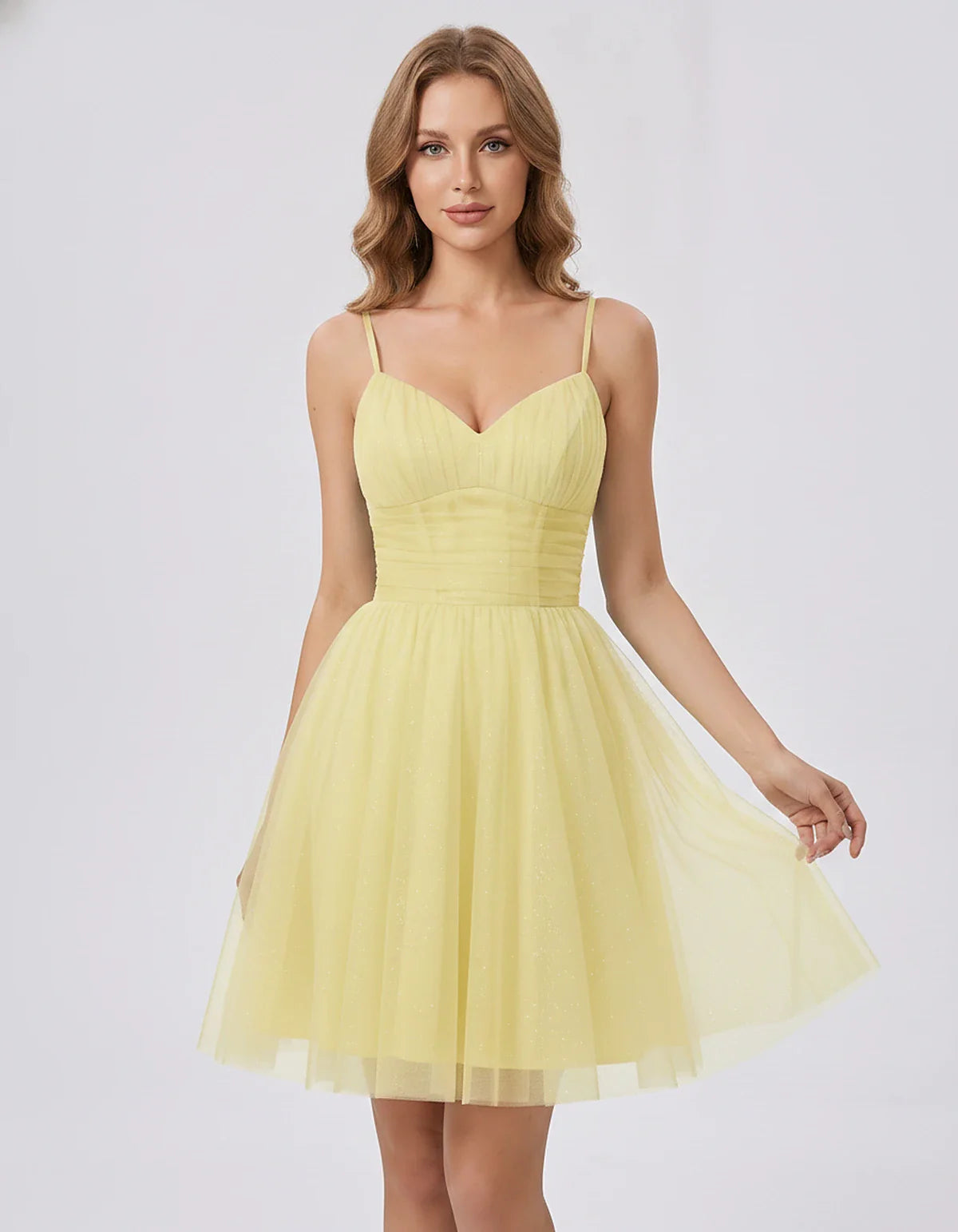 Polyester Tulle Spaghetti Strap V Neck A Line Mini Dress for Party Cocktail Evening Wedding Guest Summer Events Elegant Spark | SKU: MD-482915736102583-YELLOW-L,MD-482915736102583-YELLOW-M,MD-482915736102583-YELLOW-S,MD-482915736102583-YELLOW-XL,MD-482915736102583-YELLOW-XS