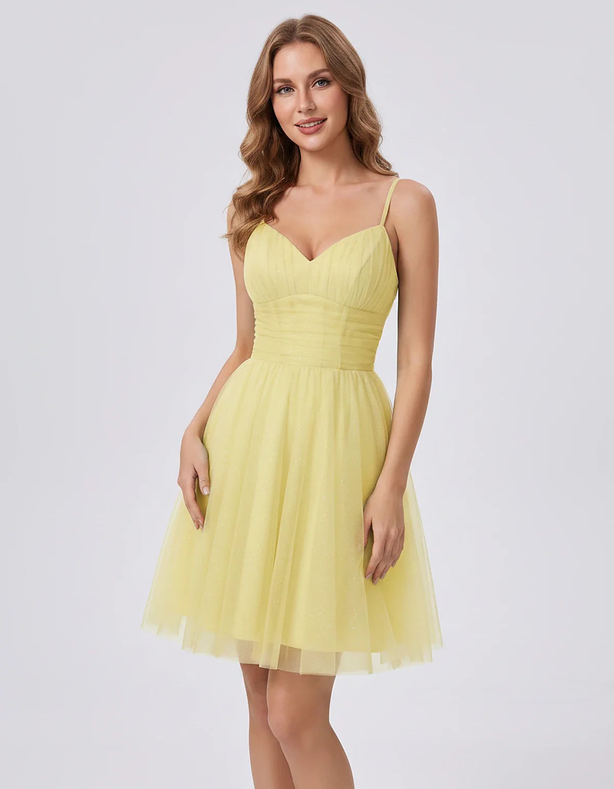 Polyester Tulle Spaghetti Strap V Neck A Line Mini Dress for Party Cocktail Evening Wedding Guest Summer Events Elegant Spark | SKU: MD-482915736102583-YELLOW-L,MD-482915736102583-YELLOW-M,MD-482915736102583-YELLOW-S,MD-482915736102583-YELLOW-XL,MD-482915736102583-YELLOW-XS