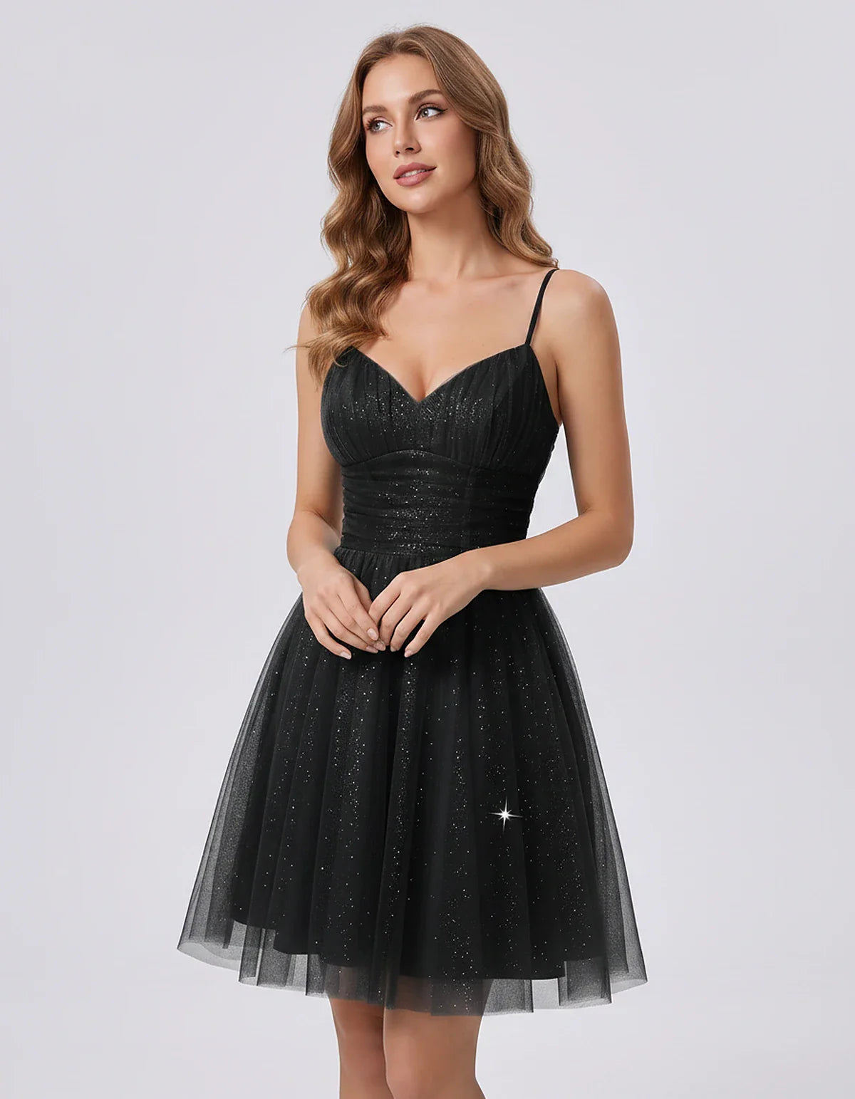 Polyester Tulle Spaghetti Strap V Neck A Line Mini Dress for Party Cocktail Evening Wedding Guest Summer Events Elegant Spark | SKU: MD-482915736102583-BLACK-L,MD-482915736102583-BLACK-M,MD-482915736102583-BLACK-S,MD-482915736102583-BLACK-XL,MD-482915736102583-BLACK-XS