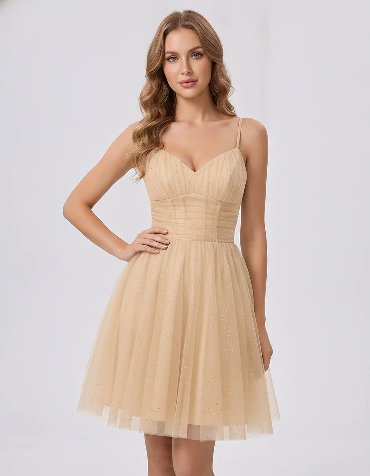 Polyester Tulle Spaghetti Strap V Neck A Line Mini Dress for Party Cocktail Evening Wedding Guest Summer Events Elegant Spark | SKU: MD-482915736102583-CHAMPAGNE-L,MD-482915736102583-CHAMPAGNE-M,MD-482915736102583-CHAMPAGNE-S,MD-482915736102583-CHAMPAGNE-XL,MD-482915736102583-CHAMPAGNE-XS