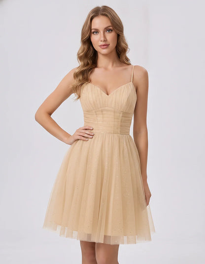 Polyester Tulle Spaghetti Strap V Neck A Line Mini Dress for Party Cocktail Evening Wedding Guest Summer Events Elegant Spark | SKU: MD-482915736102583-CHAMPAGNE-L,MD-482915736102583-CHAMPAGNE-M,MD-482915736102583-CHAMPAGNE-S,MD-482915736102583-CHAMPAGNE-XL,MD-482915736102583-CHAMPAGNE-XS
