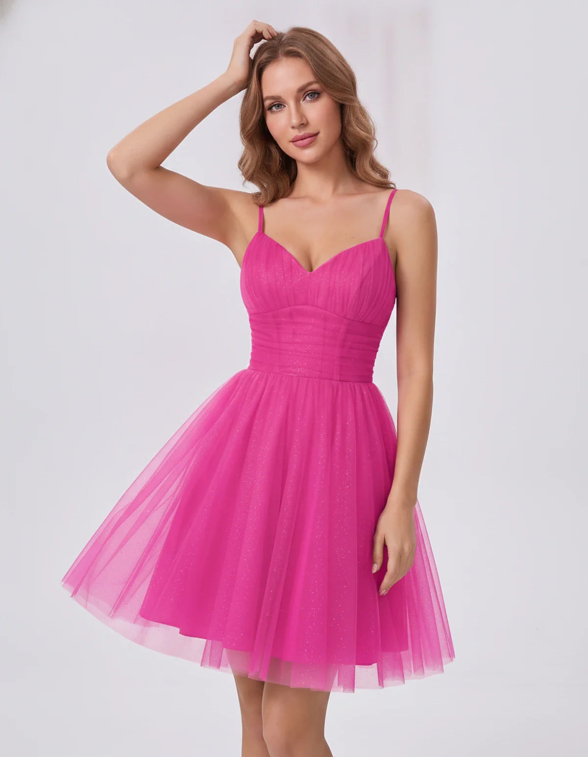 Polyester Tulle Spaghetti Strap V Neck A Line Mini Dress for Party Cocktail Evening Wedding Guest Summer Events Elegant Spark | SKU: MD-482915736102583-HOTPINK-L,MD-482915736102583-HOTPINK-M,MD-482915736102583-HOTPINK-S,MD-482915736102583-HOTPINK-XL,MD-482915736102583-HOTPINK-XS