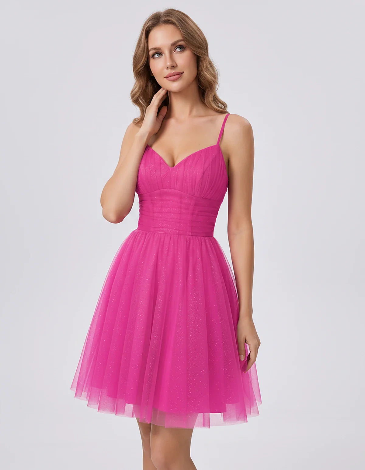 Polyester Tulle Spaghetti Strap V Neck A Line Mini Dress for Party Cocktail Evening Wedding Guest Summer Events Elegant Spark | SKU: MD-482915736102583-HOTPINK-L,MD-482915736102583-HOTPINK-M,MD-482915736102583-HOTPINK-S,MD-482915736102583-HOTPINK-XL,MD-482915736102583-HOTPINK-XS