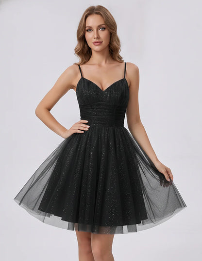 Polyester Tulle Spaghetti Strap V Neck A Line Mini Dress for Party Cocktail Evening Wedding Guest Summer Events Elegant Spark | SKU: MD-482915736102583-BLACK-L,MD-482915736102583-BLACK-M,MD-482915736102583-BLACK-S,MD-482915736102583-BLACK-XL,MD-482915736102583-BLACK-XS