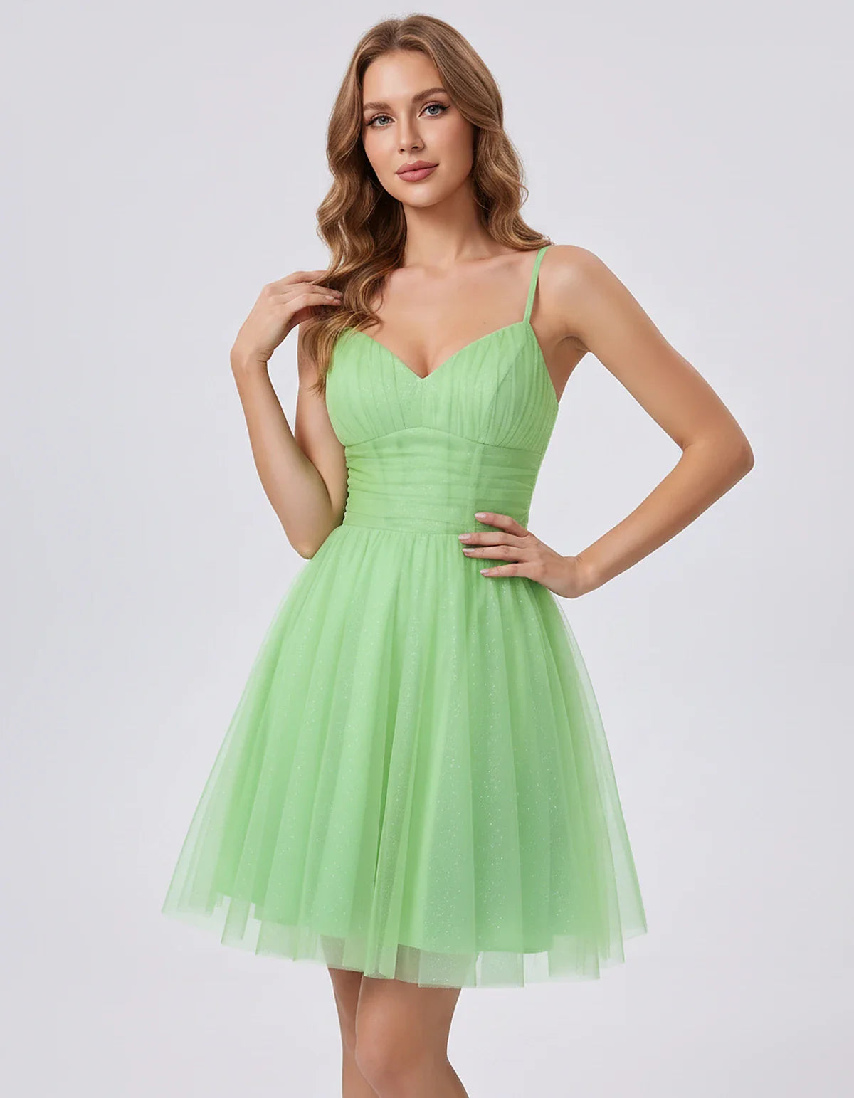 Polyester Tulle Spaghetti Strap V Neck A Line Mini Dress for Party Cocktail Evening Wedding Guest Summer Events Elegant Spark | SKU: MD-482915736102583-MINT-L,MD-482915736102583-MINT-M,MD-482915736102583-MINT-S,MD-482915736102583-MINT-XL,MD-482915736102583-MINT-XS