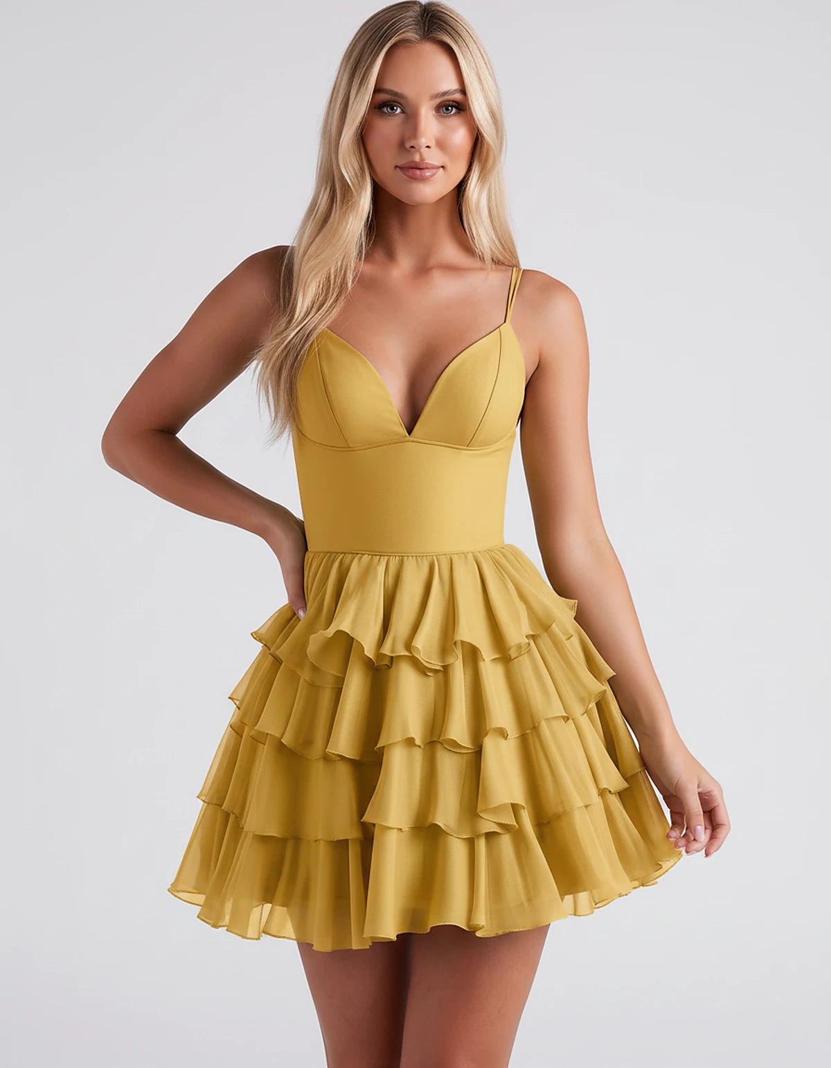 Chiffon Spaghetti Strap Deep V Neck Tiered Ruffle Mini Dress for Homecoming, Graduation, Cocktail, Party, Evening and Summer 