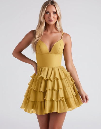 Chiffon Spaghetti Strap Deep V Neck Tiered Ruffle Mini Dress for Homecoming, Graduation, Cocktail, Party, Evening and Summer 
