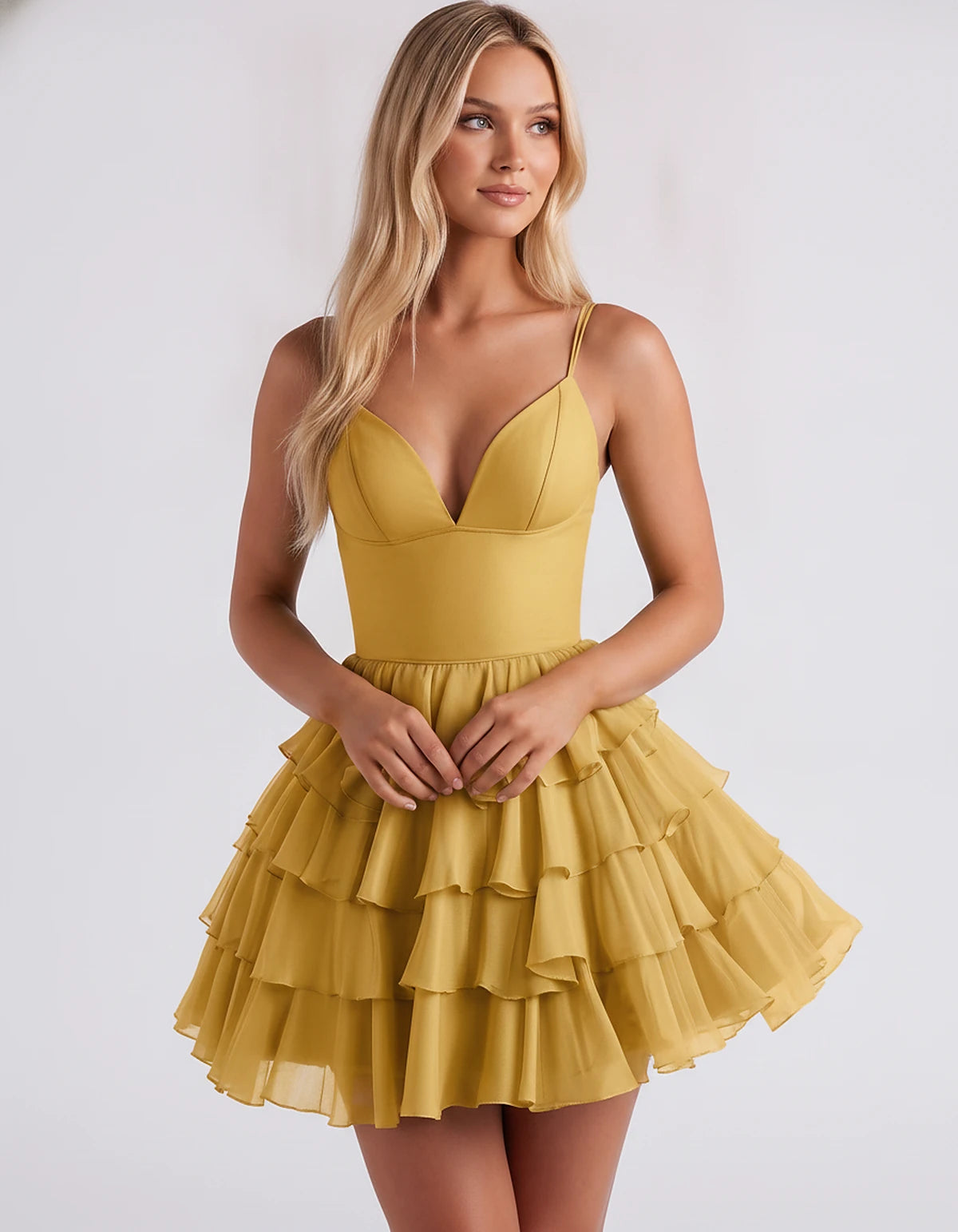 Chiffon Spaghetti Strap Deep V Neck Tiered Ruffle Mini Dress for Homecoming, Graduation, Cocktail, Party, Evening and Summer 