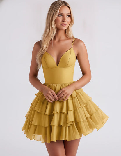 Chiffon Spaghetti Strap Deep V Neck Tiered Ruffle Mini Dress for Homecoming, Graduation, Cocktail, Party, Evening and Summer 