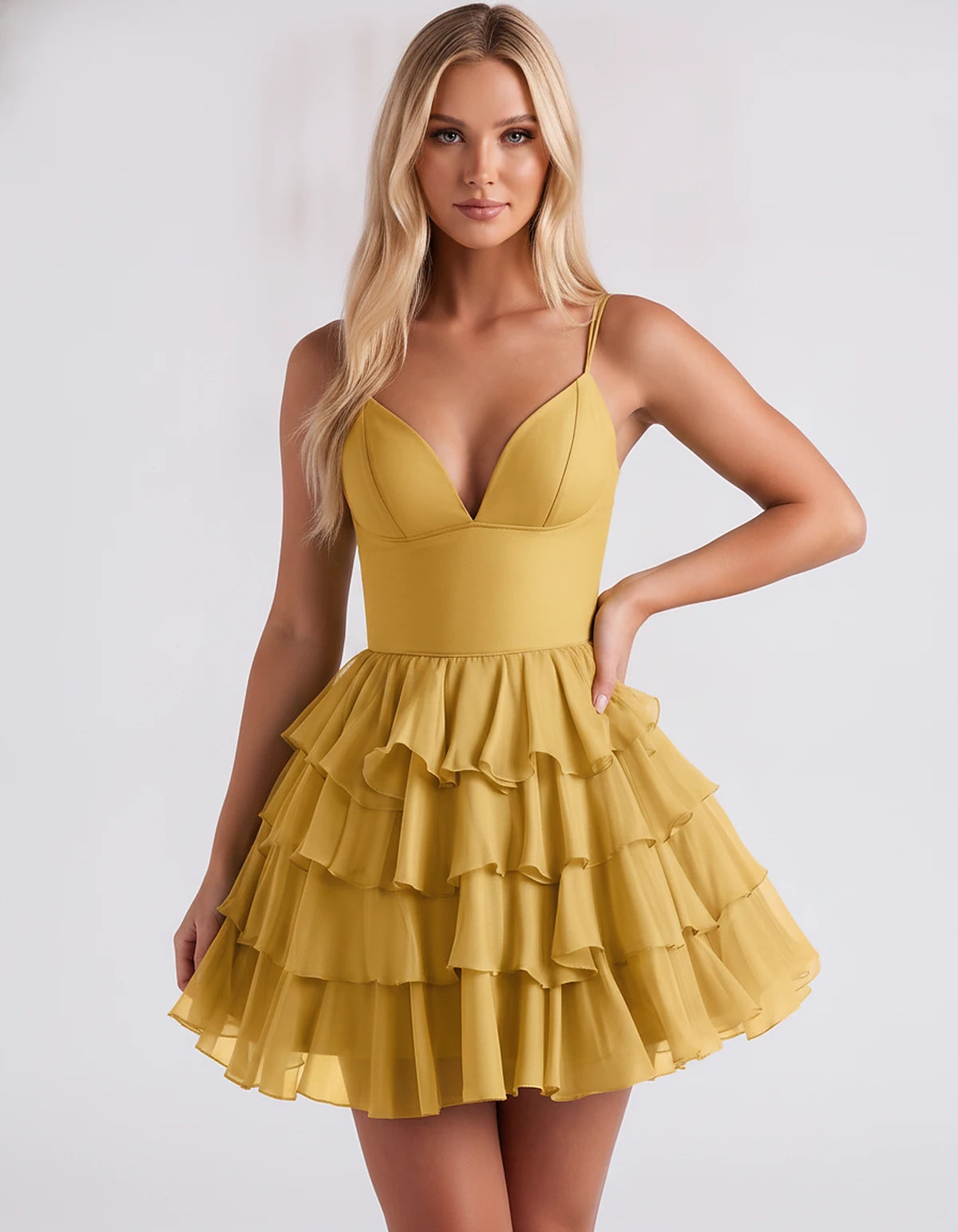 Chiffon Spaghetti Strap Deep V Neck Tiered Ruffle Mini Dress for Homecoming, Graduation, Cocktail, Party, Evening and Summer 