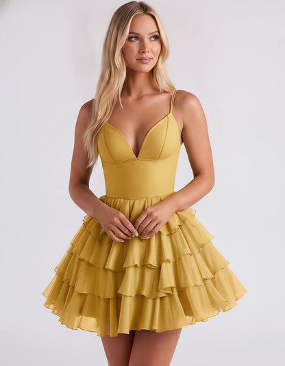 Chiffon Spaghetti Strap Deep V Neck Tiered Ruffle Mini Dress for Homecoming, Graduation, Cocktail, Party, Evening and Summer 