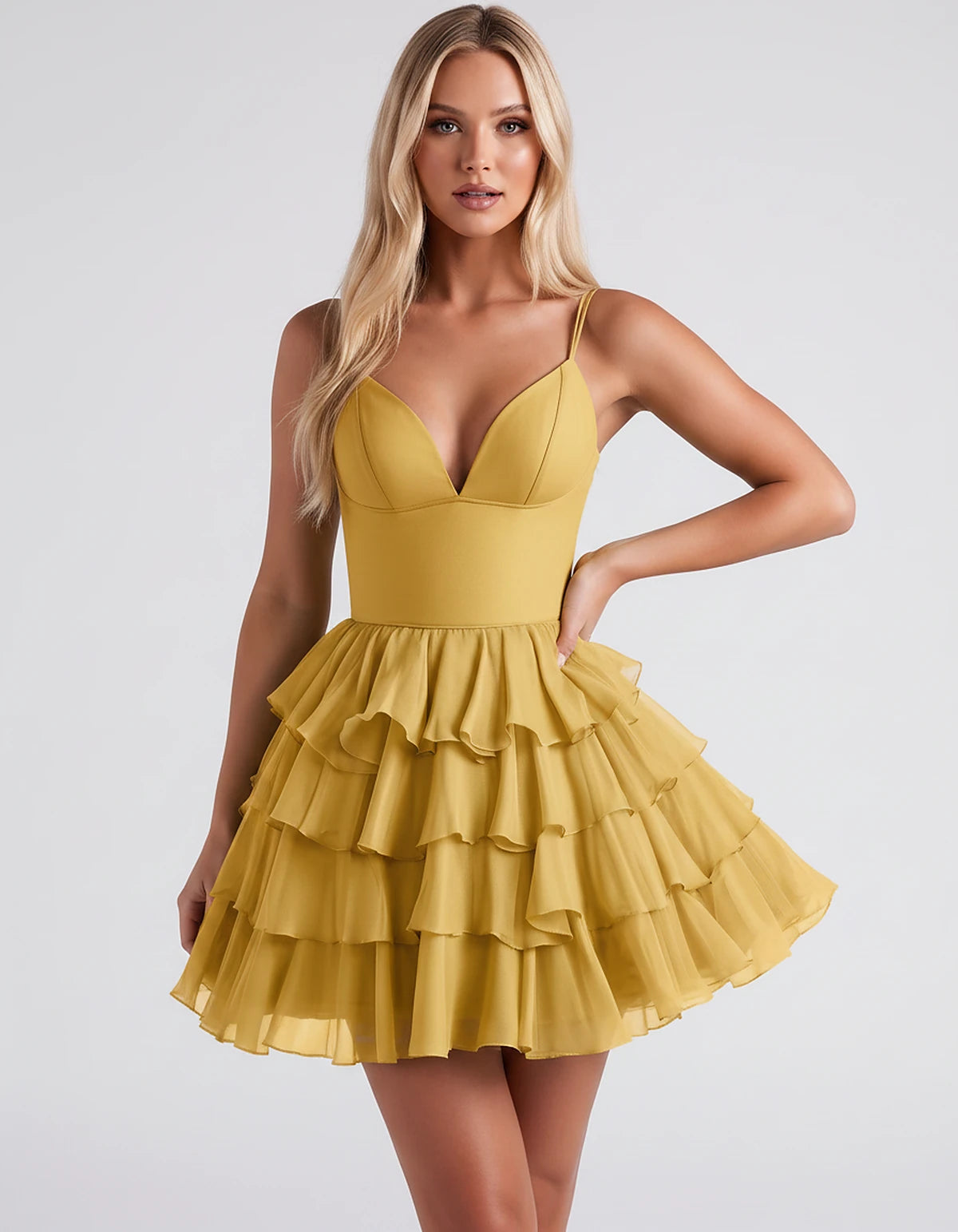 Chiffon Spaghetti Strap Deep V Neck Tiered Ruffle Mini Dress for Homecoming, Graduation, Cocktail, Party, Evening and Summer 
