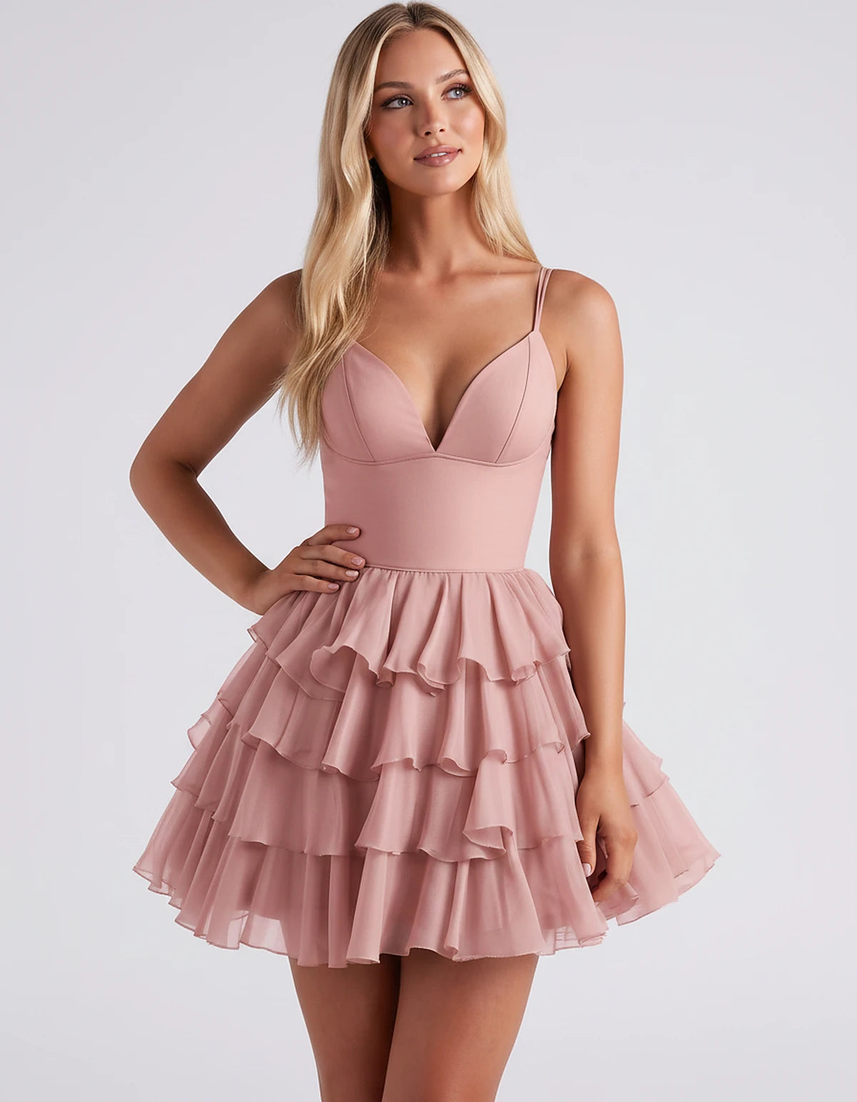 Chiffon Spaghetti Strap Deep V Neck Tiered Ruffle Mini Dress for Homecoming, Graduation, Cocktail, Party, Evening and Summer 