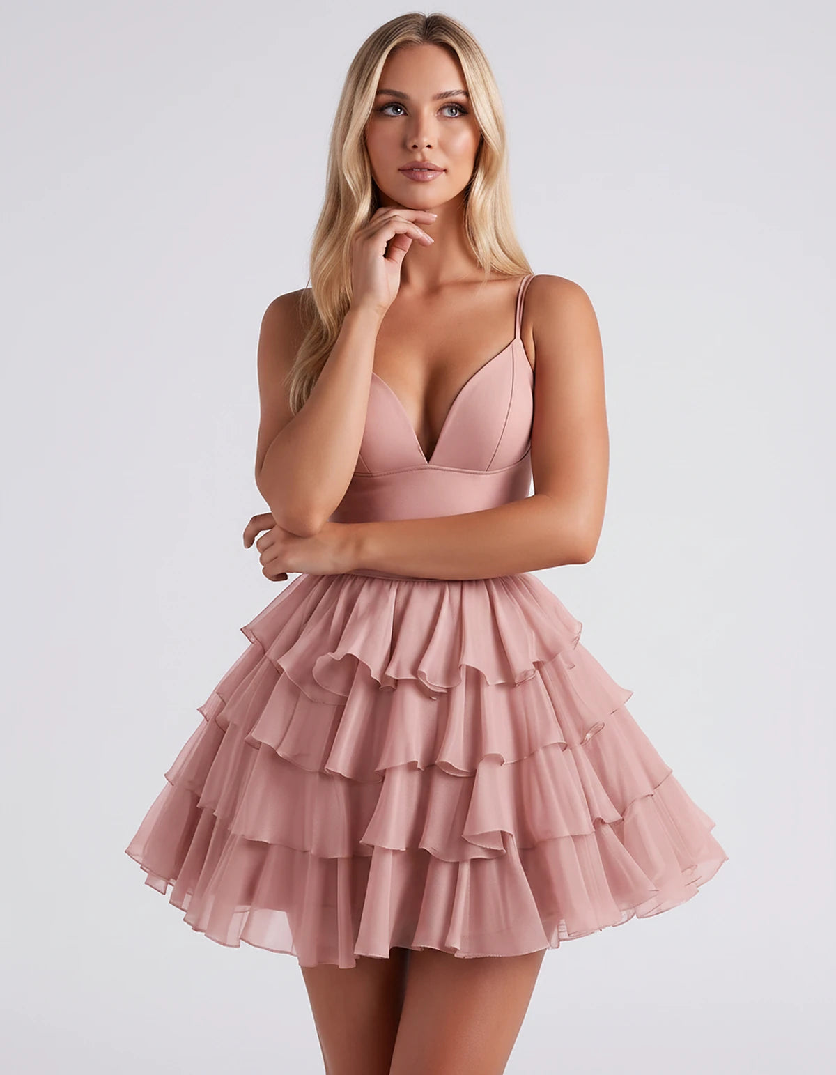 Chiffon Spaghetti Strap Deep V Neck Tiered Ruffle Mini Dress for Homecoming, Graduation, Cocktail, Party, Evening and Summer 
