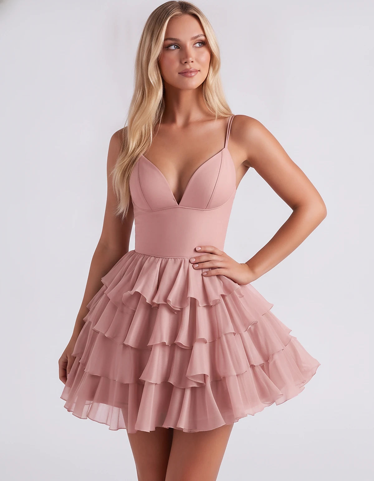 Chiffon Spaghetti Strap Deep V Neck Tiered Ruffle Mini Dress for Homecoming, Graduation, Cocktail, Party, Evening and Summer 