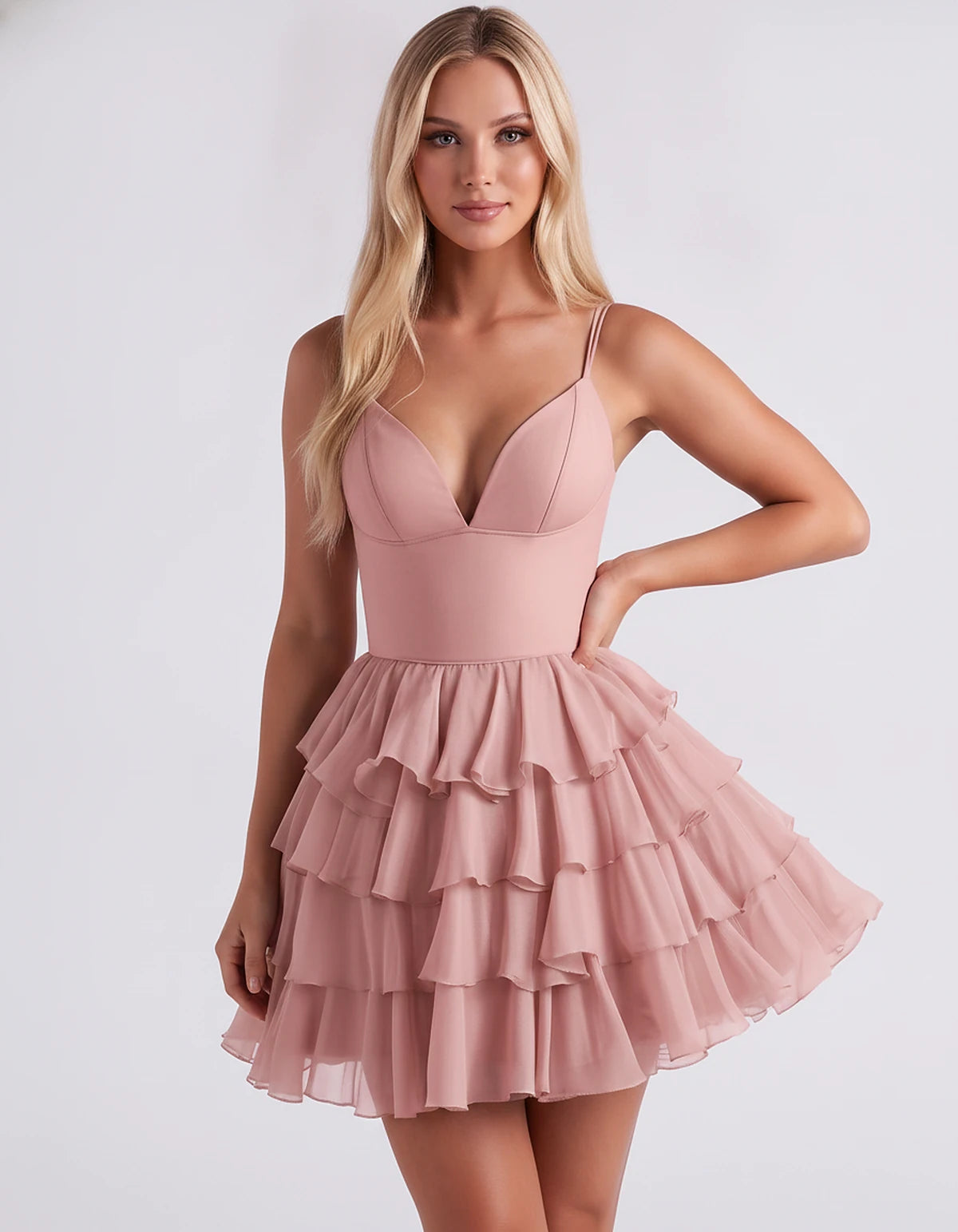 Chiffon Spaghetti Strap Deep V Neck Tiered Ruffle Mini Dress for Homecoming, Graduation, Cocktail, Party, Evening and Summer 