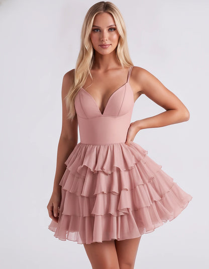 Chiffon Spaghetti Strap Deep V Neck Tiered Ruffle Mini Dress for Homecoming, Graduation, Cocktail, Party, Evening and Summer 