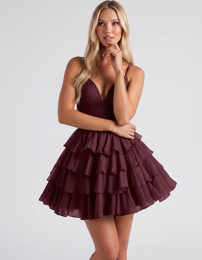 Chiffon Spaghetti Strap Deep V Neck Tiered Ruffle Mini Dress for Homecoming, Graduation, Cocktail, Party, Evening and Summer 