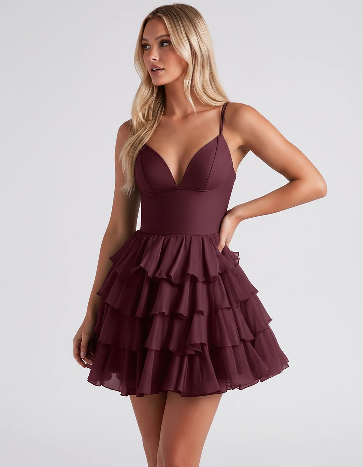 Chiffon Spaghetti Strap Deep V Neck Tiered Ruffle Mini Dress for Homecoming, Graduation, Cocktail, Party, Evening and Summer 