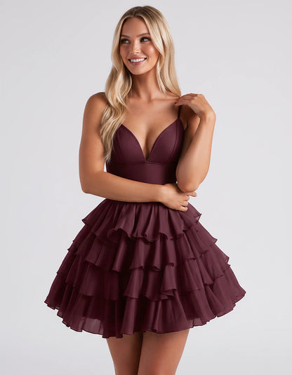 Chiffon Spaghetti Strap Deep V Neck Tiered Ruffle Mini Dress for Homecoming, Graduation, Cocktail, Party, Evening and Summer 