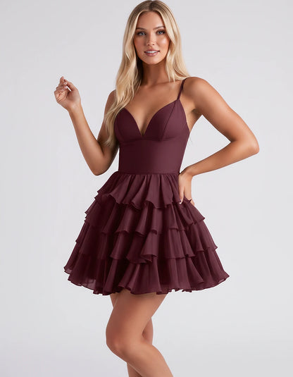 Chiffon Spaghetti Strap Deep V Neck Tiered Ruffle Mini Dress for Homecoming, Graduation, Cocktail, Party, Evening and Summer 